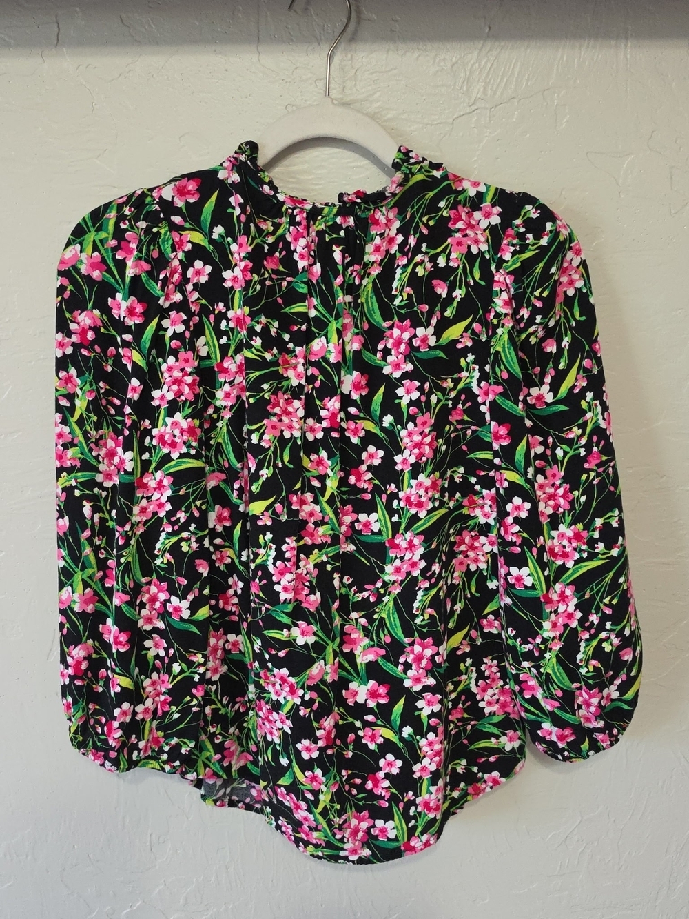 Nine West Black Blouse with Pink Floral Print and Green Leaves